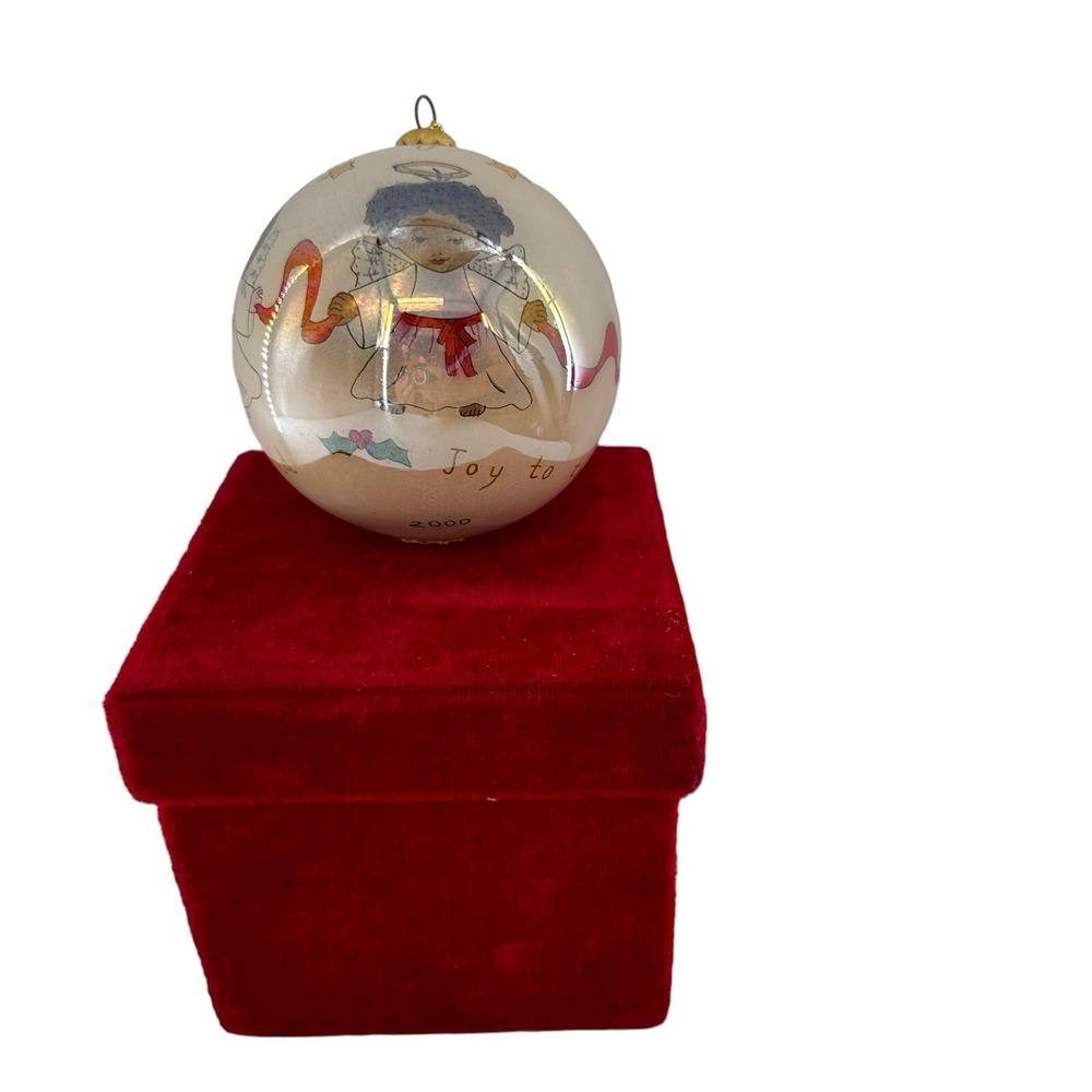 JC Penney 3.75"‎ Reverse Painted Glass Christmas Ornament Box Angel Joy COA